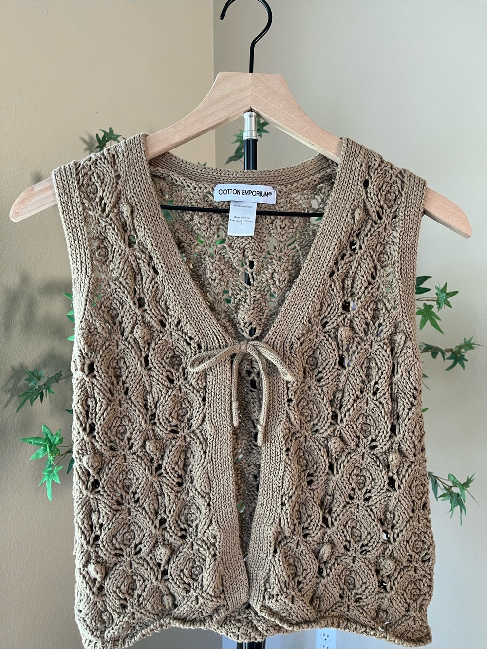 Cotton Emporium Tan Openwork V-Neck Knit Vest with Tie
